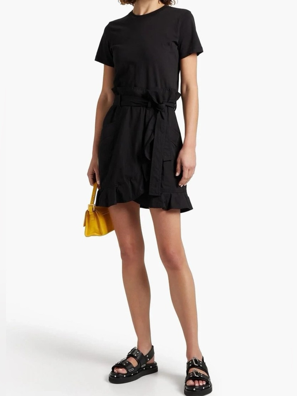 Derek Lam 10 Crosby Hudson Mixed Media Cotton Ruffles T-Shirt Dress Black 6